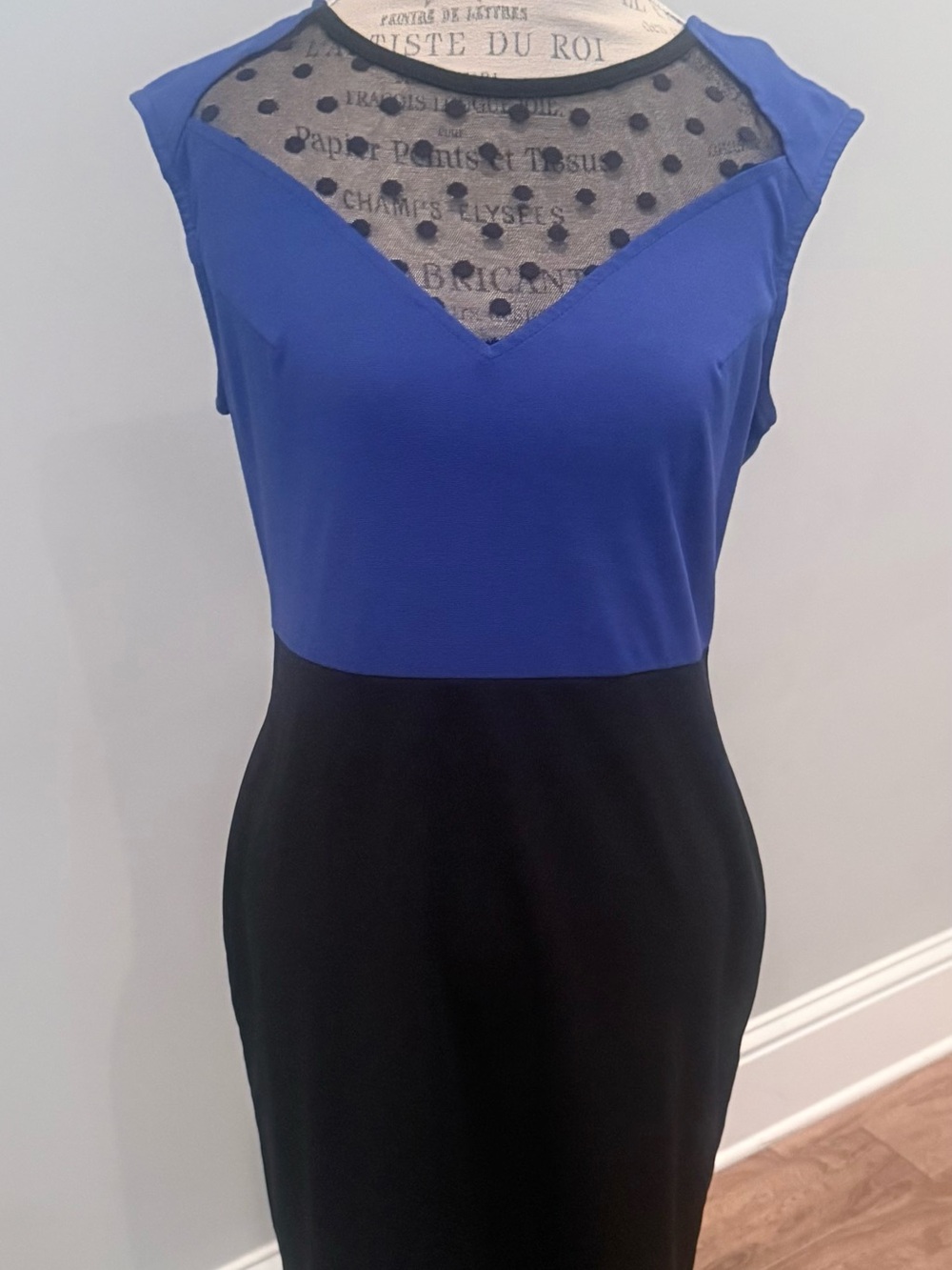 Sleeveless Royal Blue and Black Midi Sheath Dress with Polka Dot Mesh Yoke